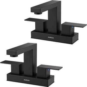 Matte Black Bathroom Sink Faucet, Hurran 4 inch Bathroom Faucets for Sink 3 Hole with Pop-up Drain and Supply Lines, Stainless Steel 2-Handle Faucet for Vanity RV Restroom, 2 Pack