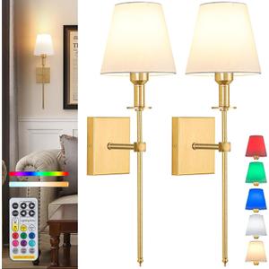 Battery Operated Wall Sconce Set Of 2,Rechargeable Wireless Wall Light With Remote 12 Colors Dimmable Bulbs,Indoor Fabric Shade Wall Decor Fixtures,for Bedroom,apartmentFarmhouse ( Color : Gold )