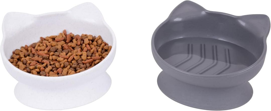 Kitty City Elevated Slow Feeder Cat Bowls (Set of 2), Whisker-Friendly Raised Cat Food Dishes with Ridges, Helps Reduce Fast Eating & Digestion Issues, Dishwasher Safe, 10.8 oz  White & Gray