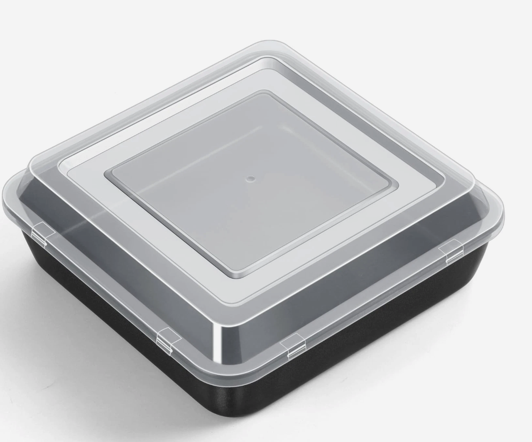 P&P CHEF Square Baking Cake Pan with Lid, Stainless Steel Lasagna Brownie Pan and Plastic Cover for Picnic Wedding Birthday, Healthy & Sturdy, Oven & Dishwasher Safe,8 x 8 x 2 Inch