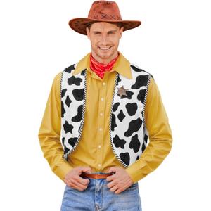 Arvilhill Men Cow Print Vest Open Front Sleeveless Sheriff Woody Costume 3 Piece Set Adult Cowboy Vests 2025 Halloween Cow Graphic Vest Red Scarf Star Police Badge Cosplay Outfit Theme Party, XXXL