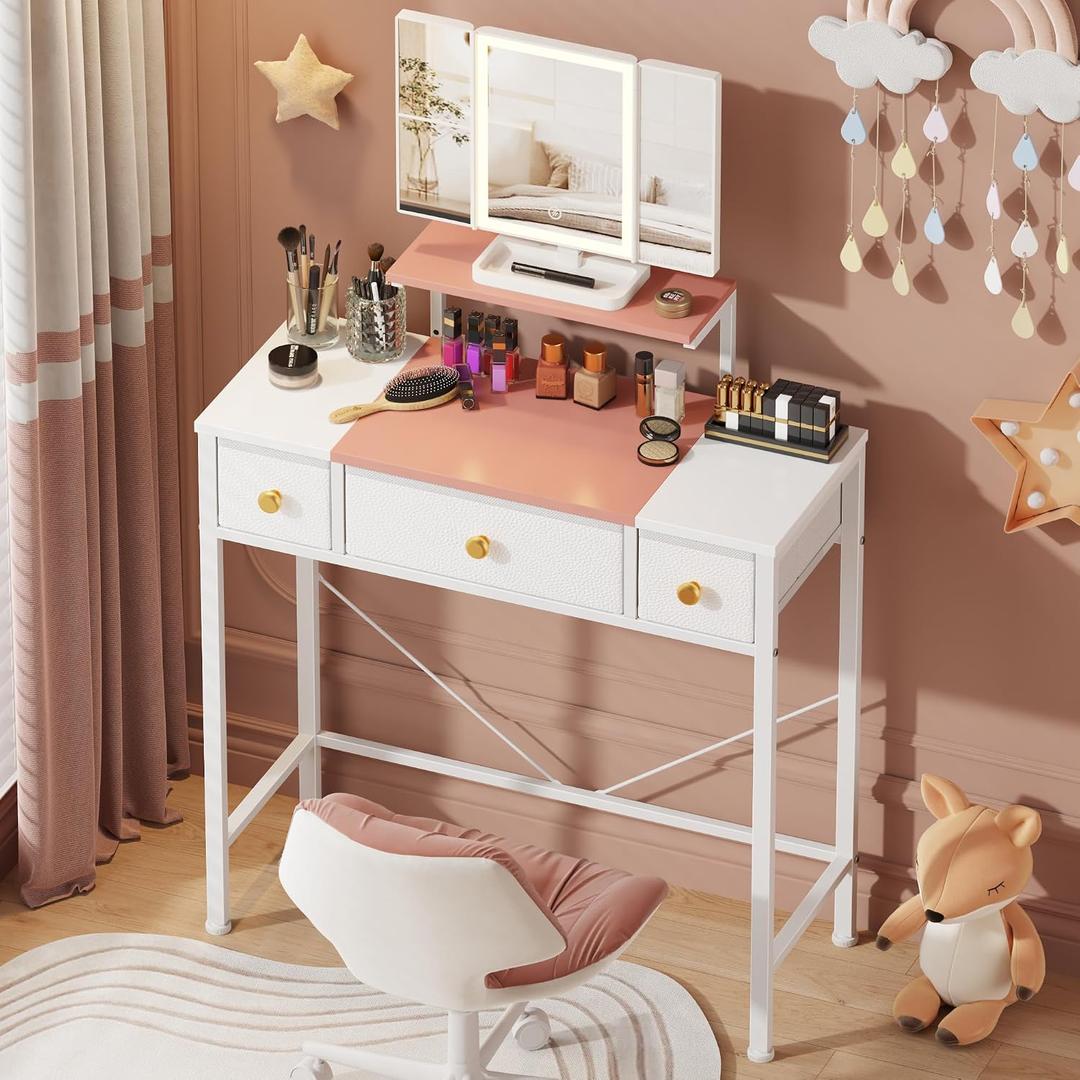 HIGDBFE Small Makeup Vanity Desk 27.5''W with Mirror and Lights, Vanity Desk with 3 Fabric Drawers and Height-Adjustable Stand, Vanity Table for Girls Gifts, Bedroom and Small Spaces, White&Pink