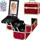 Makeup Train Case, Portable Makeup Case with Mirror, 2-Trays Cosmetic Organizer Case,Nail Polish Organizer, Travel Makeup Box, Profesional for Salon Barber, Pattern Red