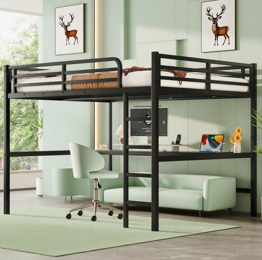 Bellemave Queen Loft Bed with Desk, Metal Queen Loft Bed Frame with guardrail and Ladder for Adults, Kids, Teens, Black with A Black Desk