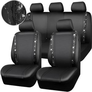 CAR PASS Leather Bling Diamond Car Seat Covers Full Set, Shining Rhinestone Waterproof Durable Rear with Zipper, Universal Fit Automotive Glitter Crystal Sparkle Strip for Cute Women Girly Black