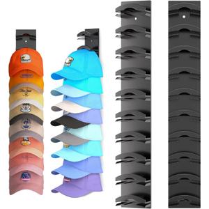 Hat Organizer Hold up to 20 Hats, 2 Pack Hat Rack for Wall with Strong Adhesive, Hat Organizer for Baseball Caps Display for Door Closet, Hat Hanger Holder Multilayer Two Mounting Option(Black)