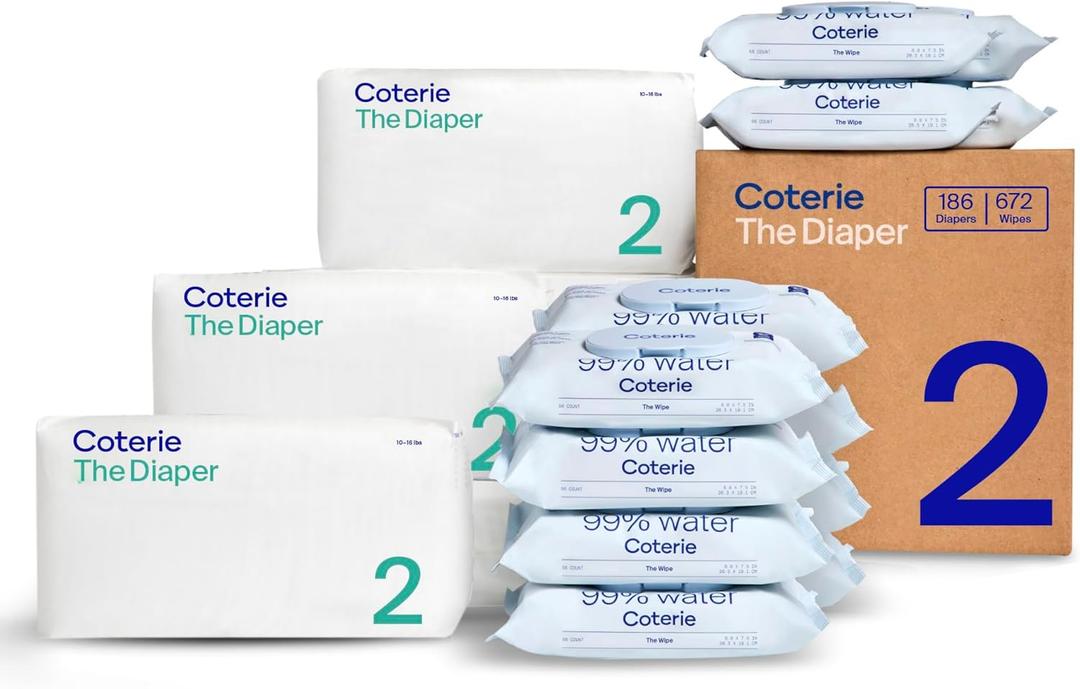 Coterie Baby Wipes + Diapers Kit, Size 2 Diapers (186 Count) & 12 Pack (672 Count) Baby Wipes with 99% Water, Plant Based Materials, Hypoallergenic for Sensitive Skin