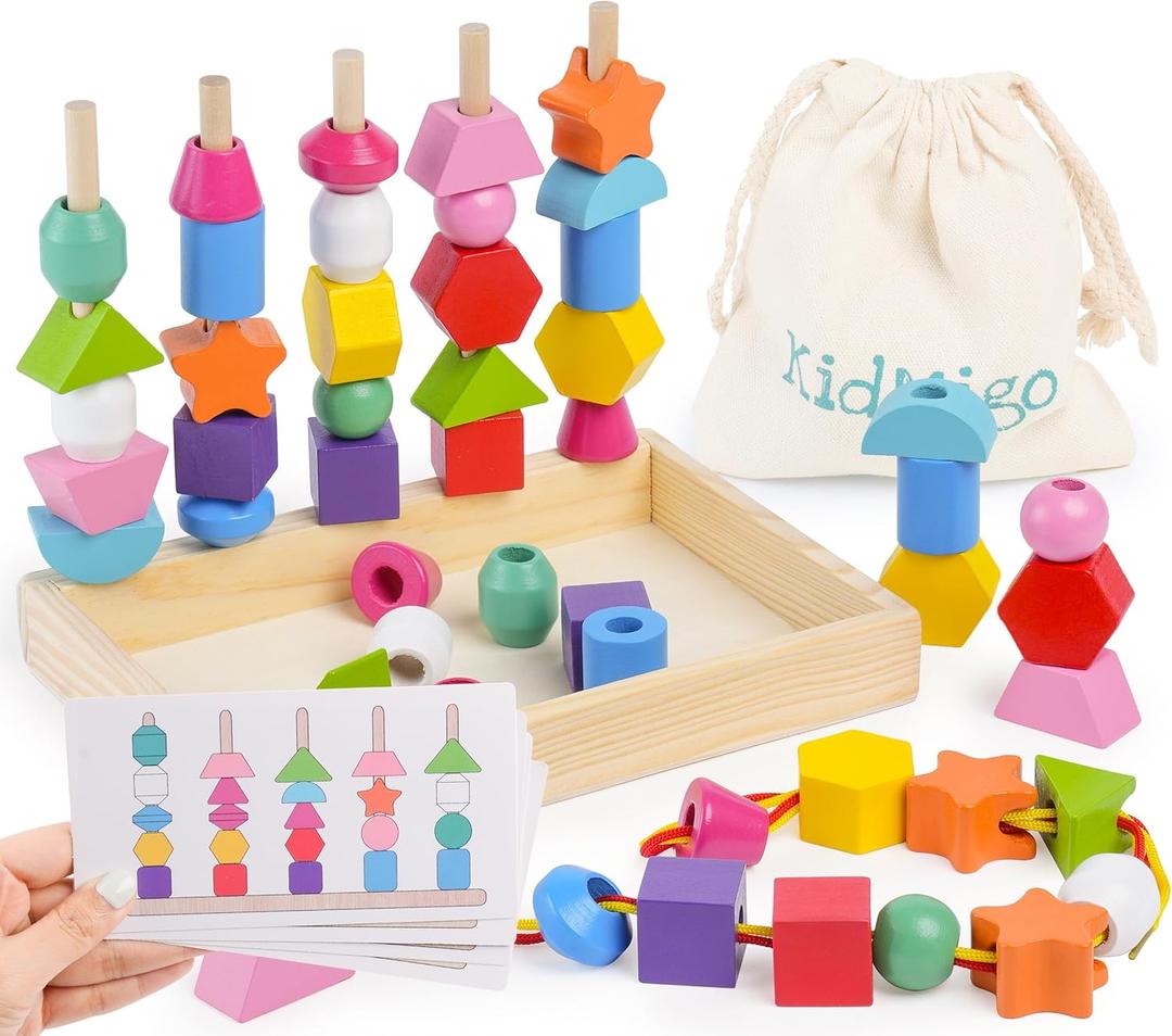 Montessori Toys for 3 Year Old, Stacking Toys for Toddlers, Stacking Blocks, Lacing Beads, Matching Shape Preschool Toys, Montessori Toys for 3 4 5 Year Olds with Canvas Storage Bag