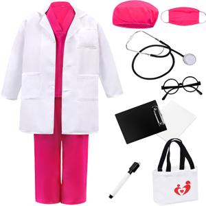 Doctor Costume for Kids Lab Coat & Scrubs Set with Accessories for Play & Dress-Up Age 3-12 (3-4T/110, Rose)