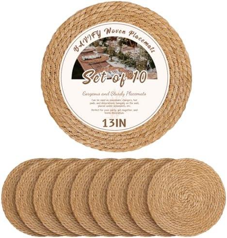 13 in Round Woven Placemats Plate Chargers Set of 10, Boho Farmhouse Rustic Woven Place Mats for Dining Table Decor, Rattan Wicker Table Mats Jute Braided Chargers for Dinner Plates 10 Pcs