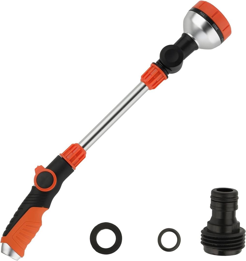17.5" Gardening Watering Wand | 8 Spray Patterns & Thumb-Controlled Switch | 180 Rotating Long Nozzle| for Plants, Hanging Baskets and Shrubs, Pet Bathing, Wall Washing-Orange