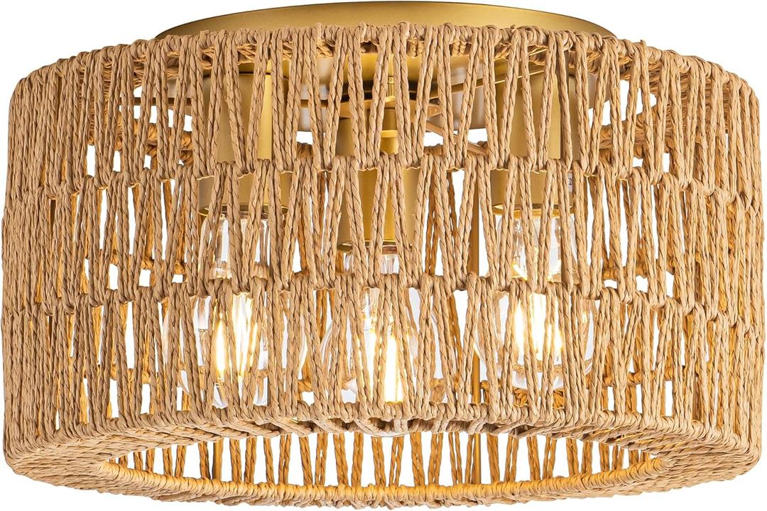 Rattan Ceiling Light Fixture, 3 Light Bohemian Modern Woven Ceiling Light, Boho Flush Mount Ceiling Light for Bedroom Living Room Dining Room, Bulb NOT Included (Gold)