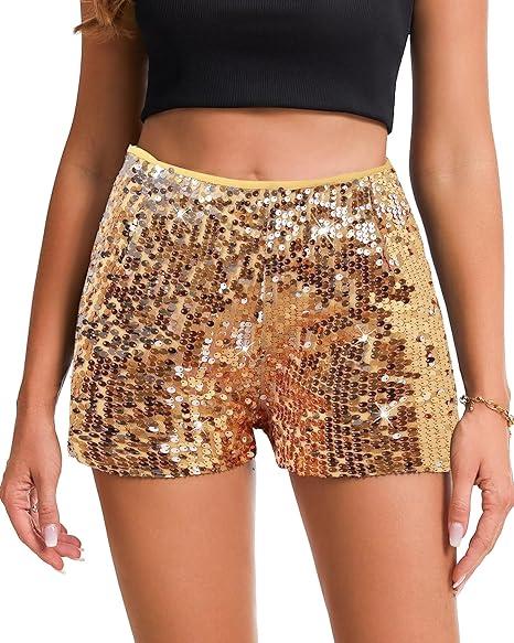 Women's Sequins Shorts A Line High Waist Elastic Sparkly Night-Out Shorts Clubwear Party Short, Small