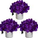 Flower Table Centerpieces - Artificial Wedding Hydrangeas Floral Arrangement with Rustic Metal Vase for Bridal Tea Party Event Decorations (Deep Purple, Set of 3 Floral Arrangement)