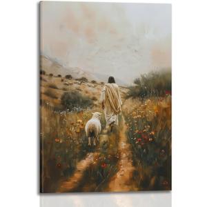 Framed Jesus Leaving 99 Sheep Canvas Print Wall Art Christian Home Wall Decor Inspirational Religious Jesus and the Lost Lamb Spiritual Painting Poster for living room office 12x16in Ready to Hang