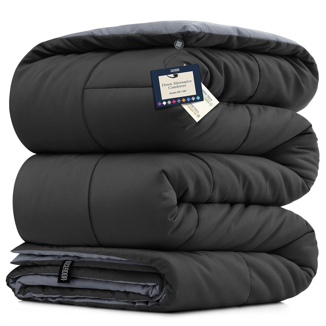 BELADOR Queen All-Season Duvet Insert - Down Alternative, Mid-Plush Lightweight Comforter, Box Quilted Siliconized Fiberfill Oeko-Tex Hotel Comforter (Black/Gray)