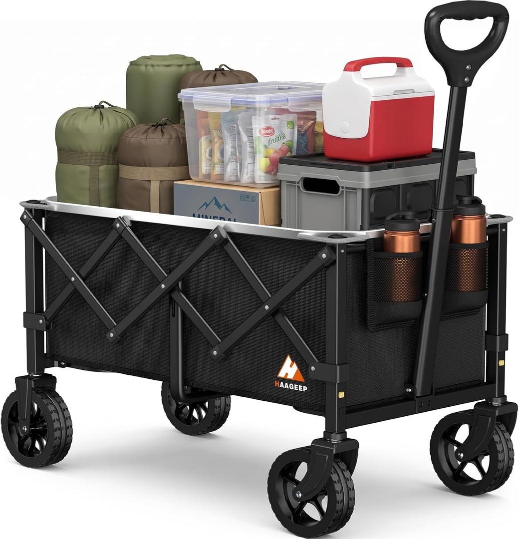 Collapsible Wagon Cart with Wheels & Reflective Stripe 280lbs Heavy Duty | Instant pull-up folding design, durable steel frame, smooth 360-degree all-terrain wheels, compact storage utility wagon, Medium