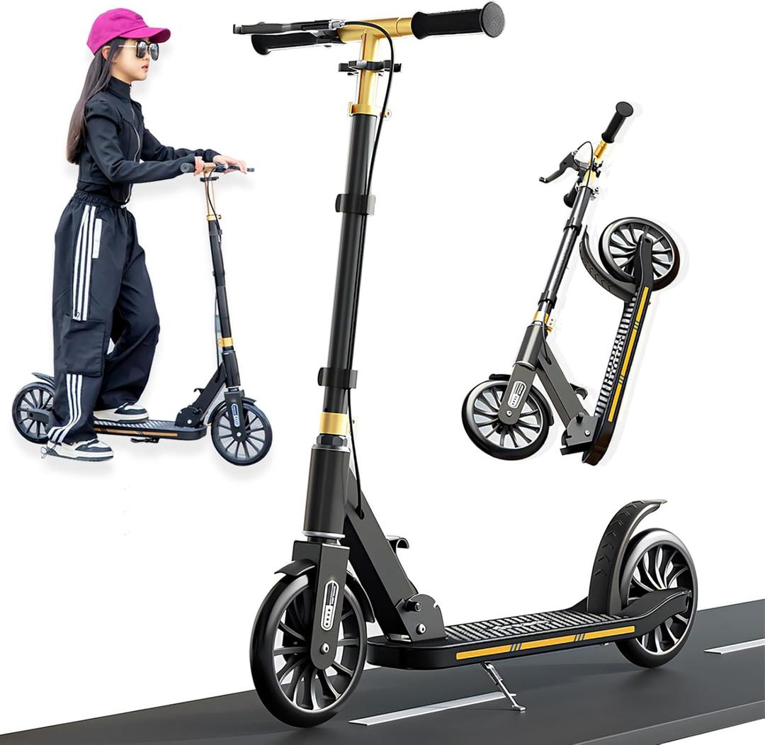 Kick Scooter for Kid, Teens & Adults for 300 lbs Capacity, Lightweight, Foldable - 8IN Big Wheels Scooter,Commuter Adult Scooters with Hand Brake, 4 Adjustable Levels, ABEC 9, 15 lb (Black)