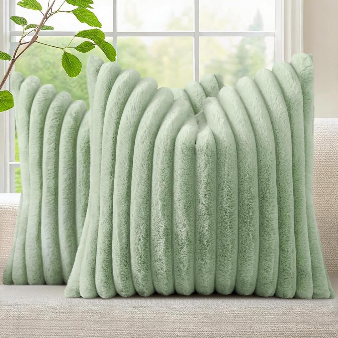 DecorUhome Summer Cozy Faux Fur Throw Pillow Covers 18x18 Set of 2 Decorative Soft Plush Striped Modern Farmhouse Boho Couch Pillow Cases with Velvet Back for Sofa Bed Living Room, Sage Green