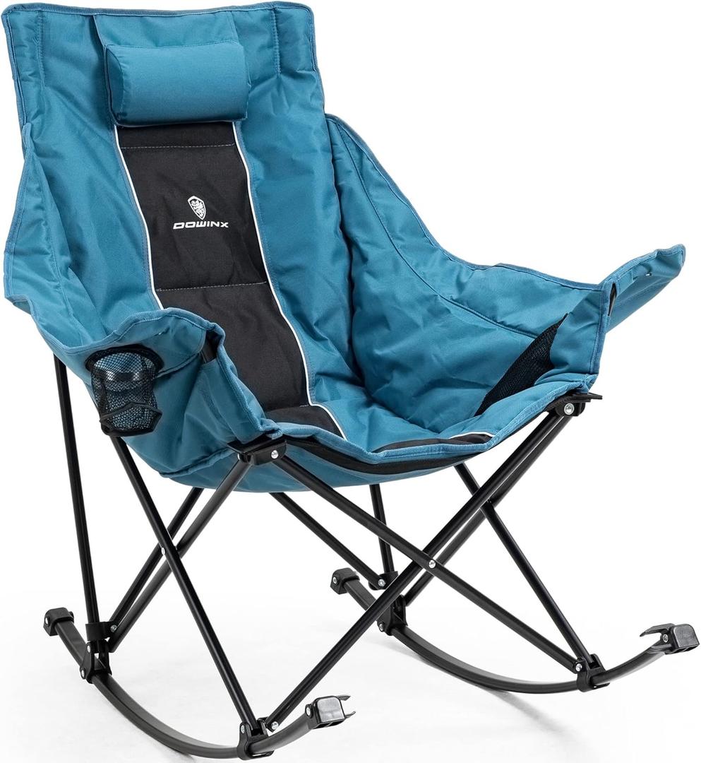 Dowinx Oversized Rocking Camping Chair, Fully Padded Patio Chair with Side Pocket and Carry Bag, High Back Portable Lawn Recliner with Headrest, Support 300 lbs, Blue