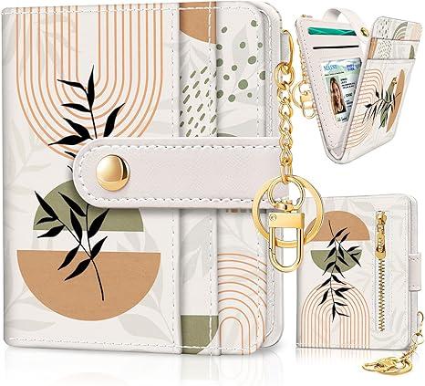 Abstract Boho Leaves Rfid Ladies Wallet, Small Slim Thin Compact Credit Card Women Wallet, PU Leather Bifold Cash Zipper Coin Pocket ID Window for Female