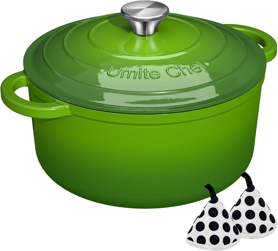Umite Chef 5QT Enameled Cast Iron Dutch Oven Pot with Lid, Heavy-Duty, Cookware for Bread Baking, Braising, Stews, Roasting, Wedding Registry Ideas & Gifts(Green)