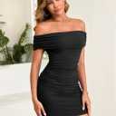 OWIN Womens Off Shoulder Bodycon Mini Dress Sexy Ruched Ribbed Cocktail Club Party Night Out Dress (Black, S)