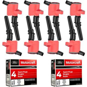 MAS Set of 8 Red Ignition Coil Pack DG508 & 8pcs Motorcraft Spark Plug SP479 Compatible With Ford F150 E250 Expedition Excursion Lincoln Navigator Replacement for DG457 DG491 3W7Z12029AA