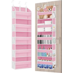 TAHAVICE Pink Over the Door Organizer - 5-Tier Hanging Storage with Clear PVC Windows & 10 Mesh Pockets, Cute Closet Organizer for Makeup, Perfume, Toys, Perfect Pink Room Decor for Girl