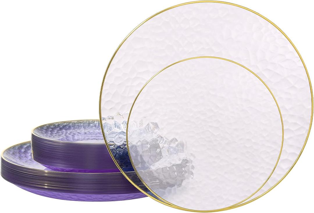realluck 50 Pcs Clear Purple Plastic Plates with Gold Rim, Elegant Hammered Disposable Dinnerware Set (25 Dinner Plates & 25 Salad/Dessert Plates) for Party, Wedding, Bridal Shower
