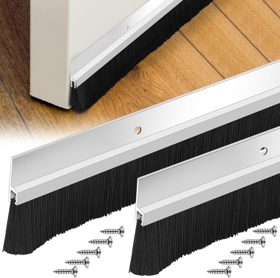 Gisafai 2 Pcs Aluminum Door Sweep with Soft PP Brush 8 Screws Long Bottom Sweep Door Brush for Exterior Home Garage Threshold Seal (36 Inches,Natural)