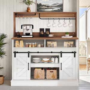 YITAHOME 47" Coffee Bar with Goblet Holder & Power Outlet, Buffet Cabinets with Storage,Farmhouse Sideboard Cabinets with Sliding Barn Doors for Kitchen, Living Room (White)