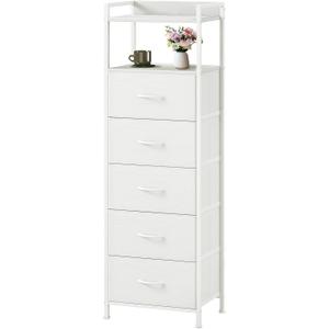 Somdot White Tall Night Stand for Bedroom,Tall 5 Drawers Dresser, Vertical Storage Tower Unit, Nightstand Furniture with Fabric Drawer Organizer in Bedside Kids Dorm Room Closet Laundry Entryway