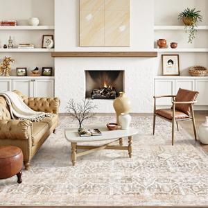 Collive Large Area Rug for Living Room 10x14, Machine Washable Neutral Oriental Farmhouse Rugs for Bedroom, Soft Non-Slip Low Pile Indoor Floor Accent Carpet for Office Dining Room - Beige
