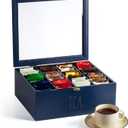 Rae Dunn Tea Bag Organizer - Tea Box Divided Storage Container Box with Hinge Lid for Kitchen Cabinet, Countertop, Pantry, Hold Coffee Pods, Seasoning Packets, Condiments, Blue