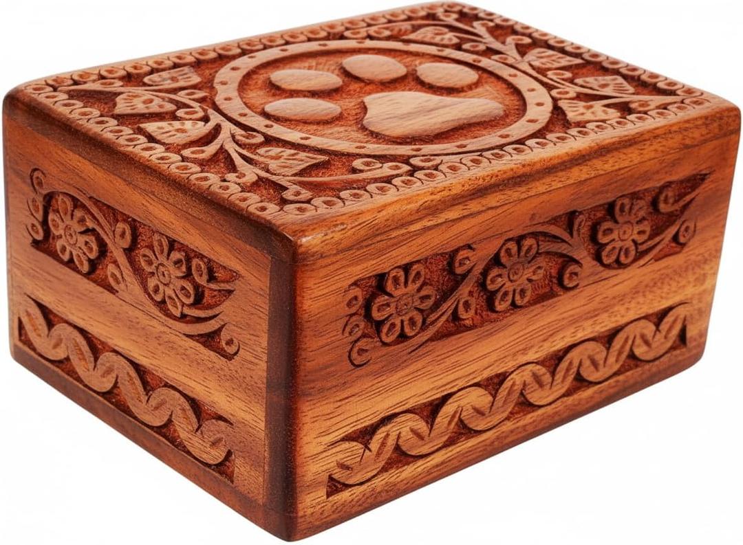 Wooden Pet Memorial Keepsake Cremation Urns for Ashes | Pet Urn Wood Keepsake Box for Cat & Dog Ashes | Paw Design Pet Memorial Urn Box