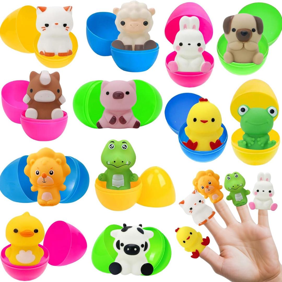 12 Pack Prefilled Easter Eggs Filled with Animal Finger Puppets for Easter Basket Stuffers Fillers, Easter Eggs Hunt, Easter Gifts for Kids, Easter Party Favors Classroom Prizes Reward