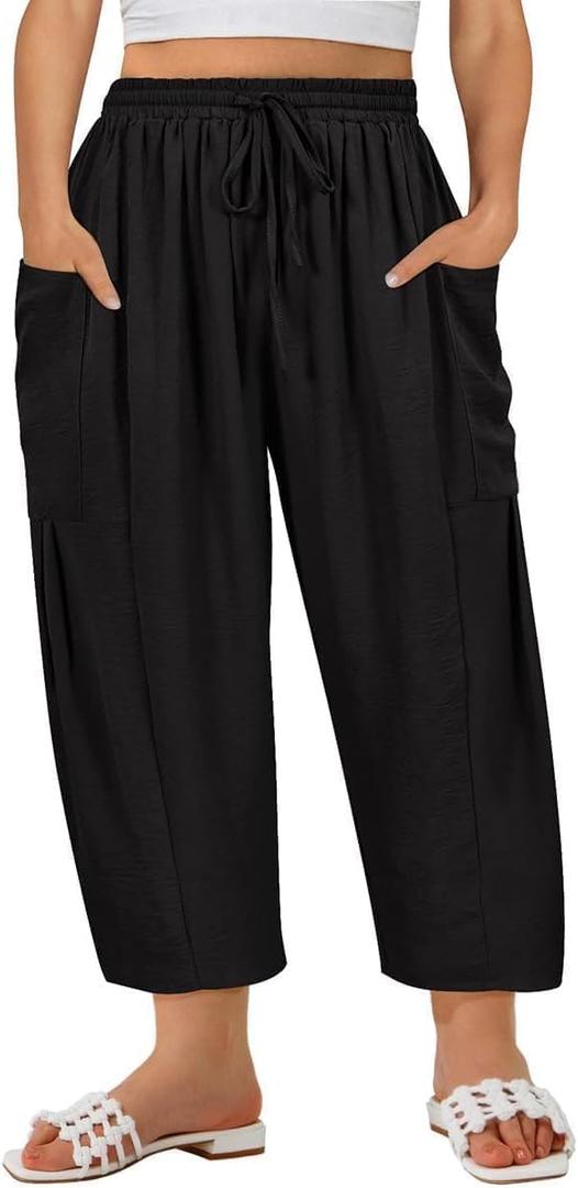 TIYOMI Plus Size Pants for Women Summer Palazzo Harem Pants Drawstring Lightweight Pant with Pockets Loose Casual  (XX-Large, Black)