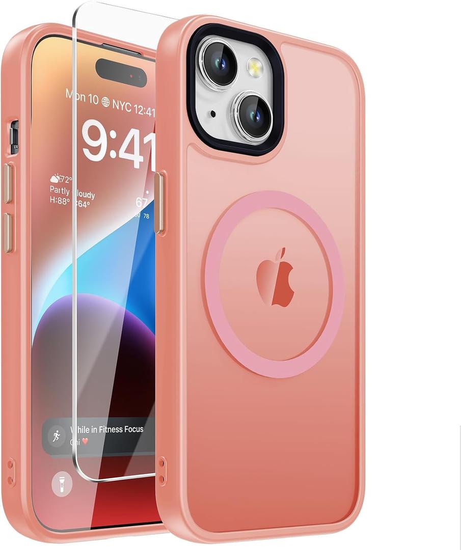DEERLAMN Magnetic Matte Case for iPhone 15 with Screen Protector, [Compatible with MagSafe][Military Grade Drop Protection] Slim Translucent Shockproof Protective Phone Cover, Pink