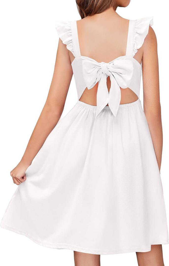 Arshiner Girls Summer Dresses Square Neck Ruffle Sleeve Tie Back A-Line Swing Casual Midi Dress with Pockets (8-9 Years, White)