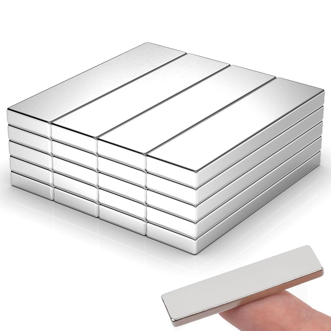 20 Pack 40x10x3 mm Rare Earth Neodymium Magnets, Powerful Small Strong Metal Rectangular Bar Magnetic Strip Magnet for Fridge Garage Kitchen Science Craft Office, Silver