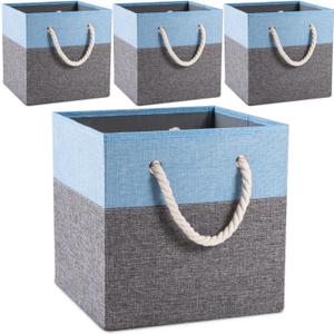 PRANDOM Large Foldable Cube Storage Bins 11x11 inch [4-Pack] Fabric Linen Storage Baskets Cubes Drawer with Cotton Handles Organizer for Shelves Nursery Closet Bedroom Blue