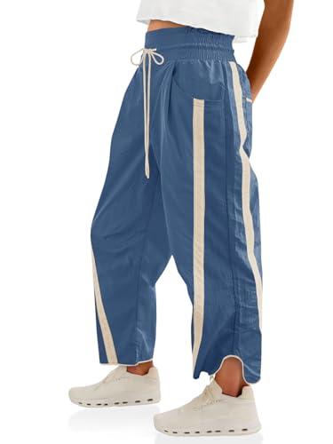 Fisoew Women's Baggy Wide Leg Pants Casual Drawstring Elastic Waisted Contrast Color Workout Y2K Track Pants Blue, Medium