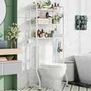 Simple Trending Over The Toilet Storage Rack, Metal 3 Tier Bathroom Organizer Shelf with Paper Holder and 3 Hooks, Freestanding Shelf Space Saver Above Toilet, White