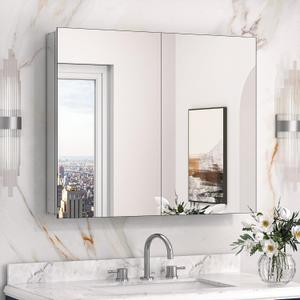 Keonjinn 30 x 26 Inch Bathroom Medicine Cabinet with Mirror, Assembly Required, Combined Double Doors Wall Cabinets, Flexiable Ample Storage, Recessed or Surface Mount, Soft Closing (Silver)