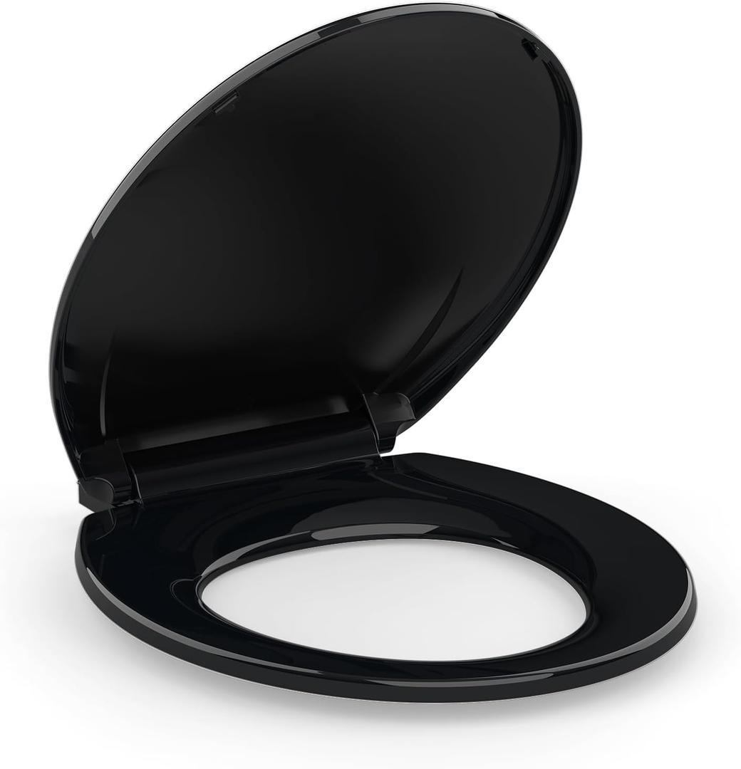 Round Toilet Seat, Slow Close Toilet Cover Seat for Easy Clean and Stain-Resistant, Plastic Toilet Seat With Cover, Quick-Release Hinges and Quick-Attach Hardware,Black