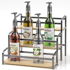DTUQYX Coffee Syrup Organizer 3-Tier, 12 Bottles Capacity Coffee Syrup Rack, Syrup Stand for Spice, Wine, Liquor, Bottle, Coffee Bar Station Racks Magnetic, No Installation (Light-Colored Wood, Grey)