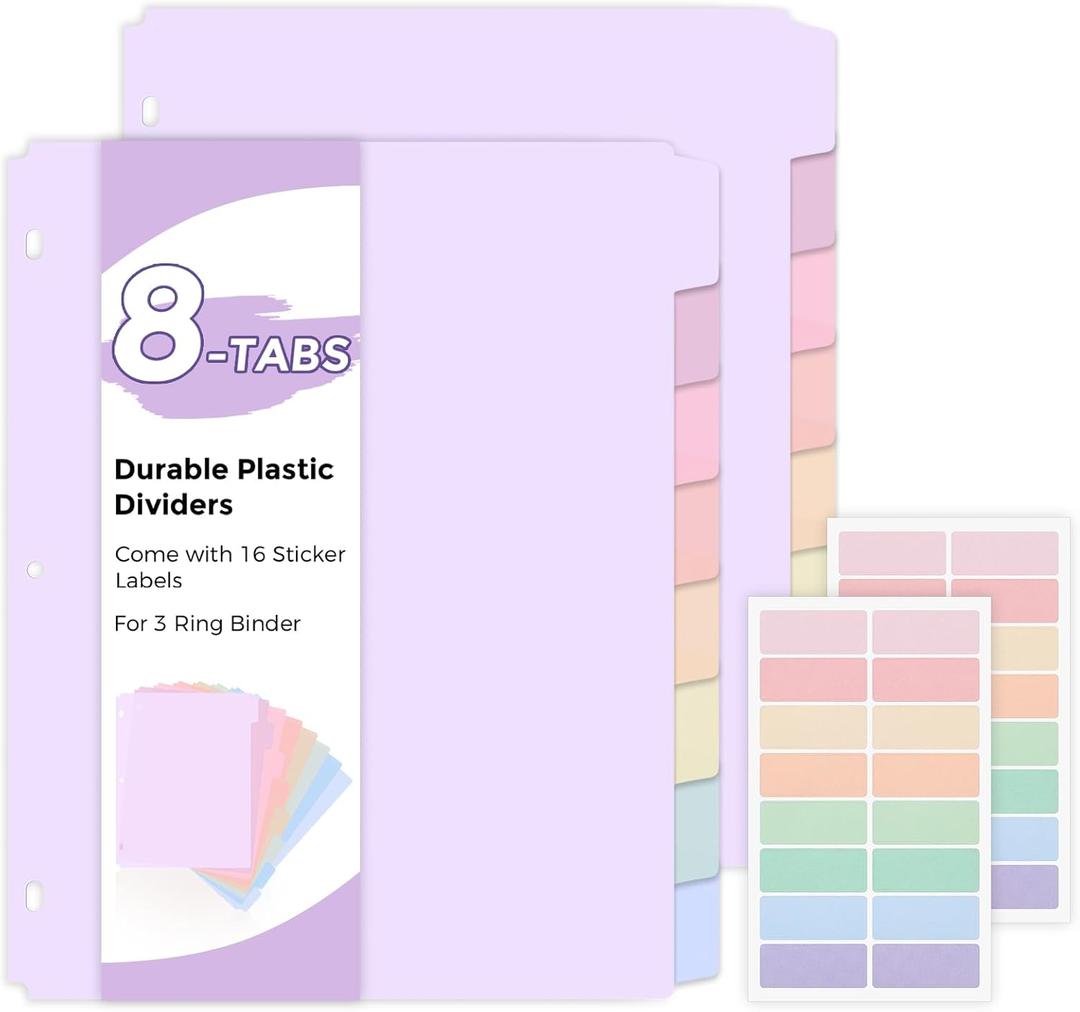 SKYDUE 8 Tab Write & Erase Plastic Dividers for 3 Ring Binders, 2 Sets