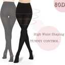 3 x HA WA Black Tights for Women, 2 Pairs Opaque Tights with Control Top Pantyhose (Black, XL)