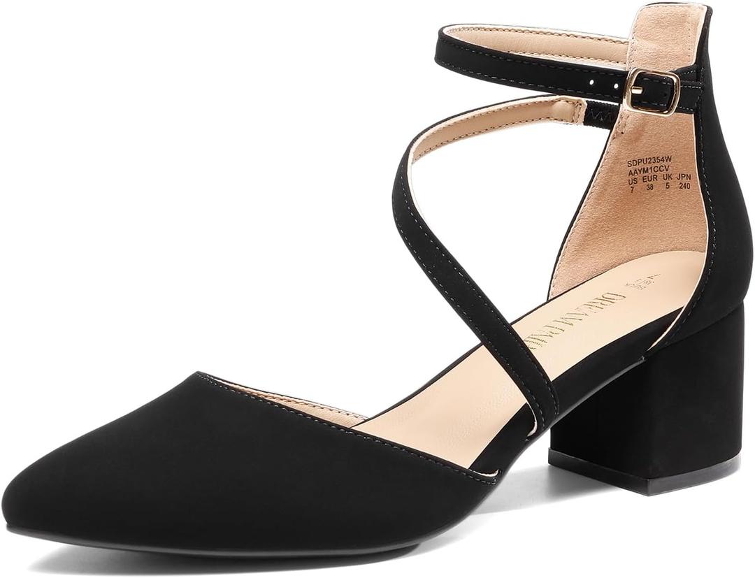 DREAM PAIRS Women's Closed Pointed Toe Low Chunky Heels Pumps Ankle Strap Wedding Business Dressy Shoes (8, Black-nubuck)
